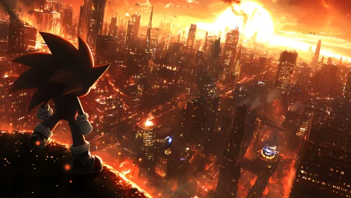 Hedgehog silhouette surveying a burning neon megacity dusk.