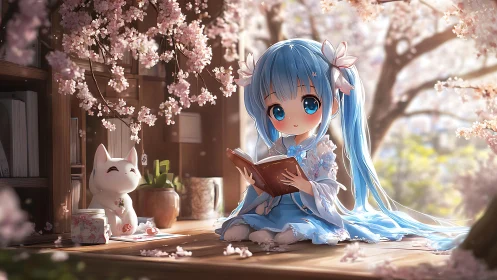 Blue haired anime girl reads under blooming cherry branches
