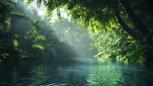 Serene Tropical Waterway Glows with Lush Jungle Canopy Magic