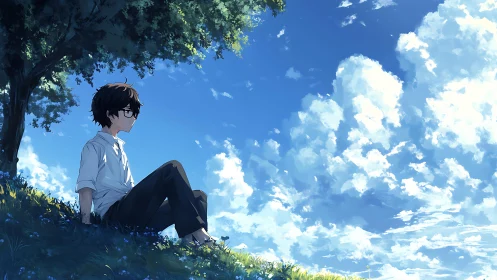 Boy rests beneath summer tree, gazing at vast clouded sky