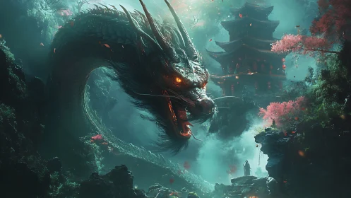 Ancient dragon coils around misty temple in enchanted gorge.