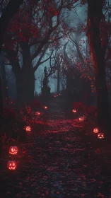 Jack-o-lantern path through misty haunted forest at night.