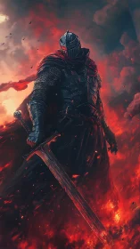 Firelit knight stalks through molten dusk with a weary blade