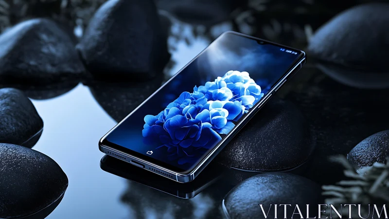 Midnight smartphone lagoon cradling luminous blue blooms.