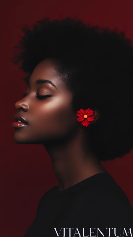 Serene profile portrait framed by deep red elegance.