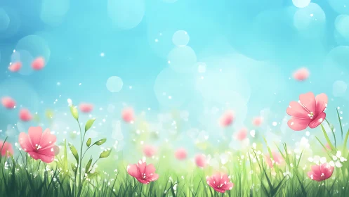 Pink flowers in green field with blue sky and bokeh.