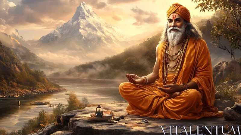 Himalayan sage in riverine meditation under luminous peak.