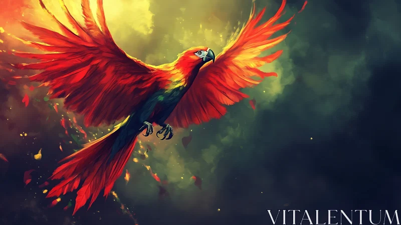 Vibrant red parrot in flight, digital fantasy art masterpiece.