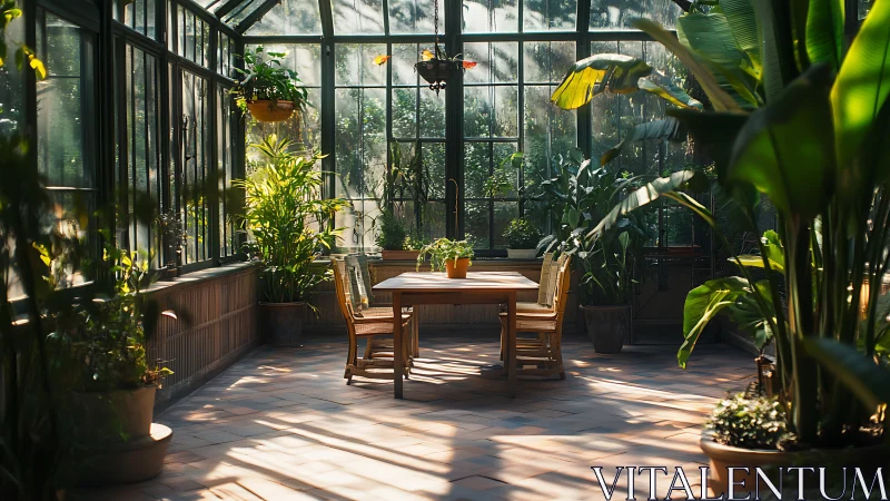 Sunlit greenhouse dining space framed by lush potted foliage.