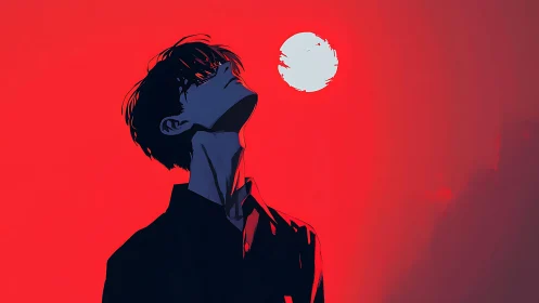 Silhouetted youth studies stark moon over crimson sky.