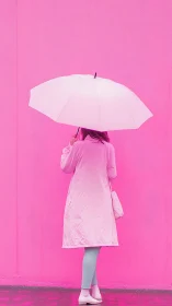 Woman with umbrella against solid pink minimalist wall.