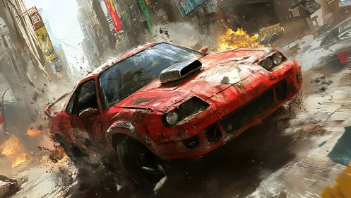 Street-scarred red muscle car slashes through fire and debris