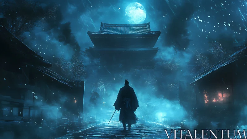 Lone samurai under moonlit storm approaching burning temple.