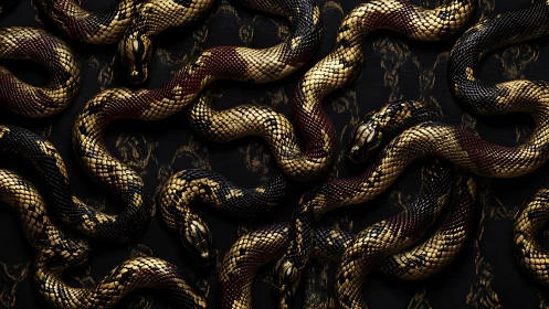 Coiling golden serpents shimmer over dark ornamental velvet.