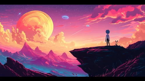 Silhouetted observer surveys neon gradient alien sky and ringed planet