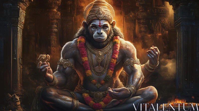 Divine Hanuman deity meditates in glowing temple hall.