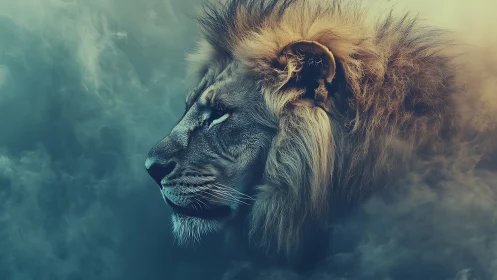 Stormborne lion drifts through misty twilight horizons.