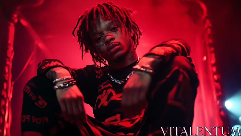 Moody red-lit portrait of laid-back streetwise confidence.