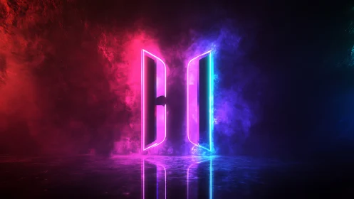 Neon portal doors glow in vivid pink and blue mist.