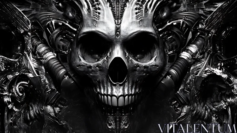 Bio-mechanical skull merges with dark industrial machinery.