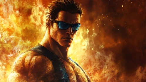 Muscular hero in blue shades framed by roaring firestorm.