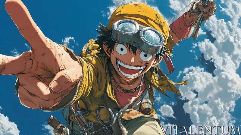 Sky-slicing grin lunges toward us through painted clouds