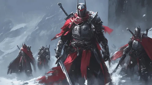 Armored vanguard in crimson cloaks crossing glacial battlefield.