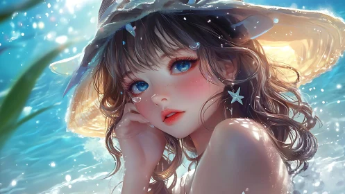 High-chroma anime portrait in refracted littoral lighting.