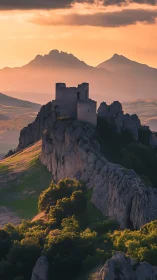 Sunset fortress crowned on a dragonback ridge of stone.