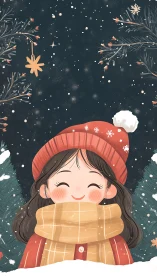 Smiling winter girl in scarf and hat under falling snow.