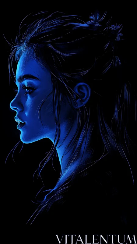 Luminous blue profile portrait glows against deep black void.
