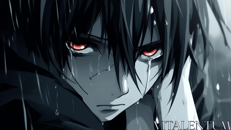Brooding anime boy with red eyes crying in rainstorm.