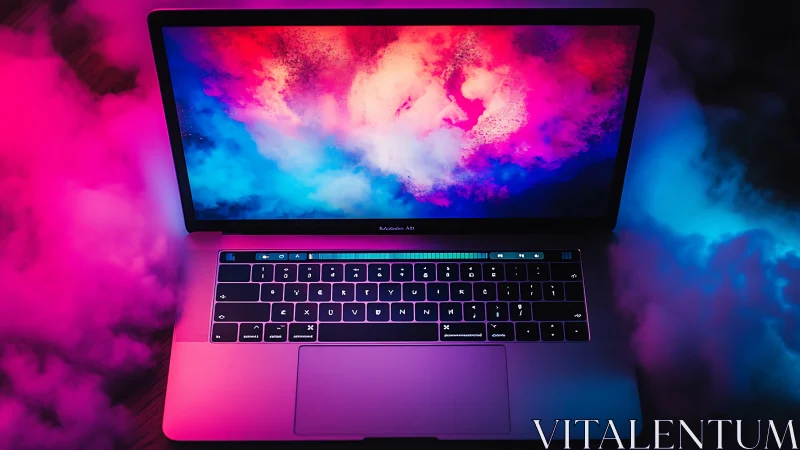Neon-lit laptop screen renders vibrant abstract cloudscape display