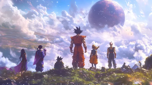 Anime warriors survey sky realm under colossal planet.