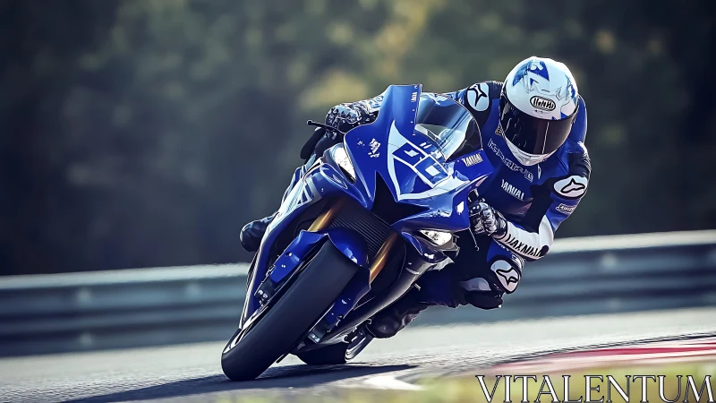Motorcycle rider cornering on racetrack in racing posture.