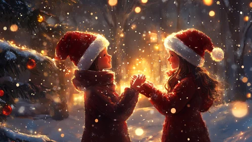 Christmas magic glows between children on a snowy night.