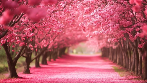 Cherry blossom trees form dense tunnel above petal-covered path