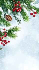 Snow-kissed pine branches with berries on frosty sky backdrop.