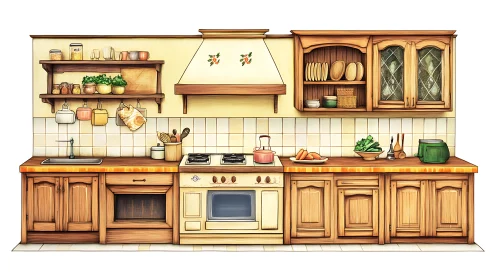 Country-style kitchen elevation shows organized rustic cabinetry