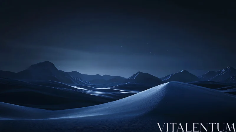 Night desert dunes stretch toward distant dark mountains
