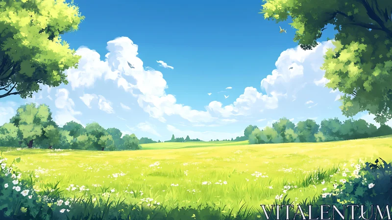 Sunlit summer meadow stretches beneath towering cumulus clouds