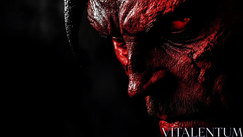 Brooding red demon portrait glowing from the shadows.