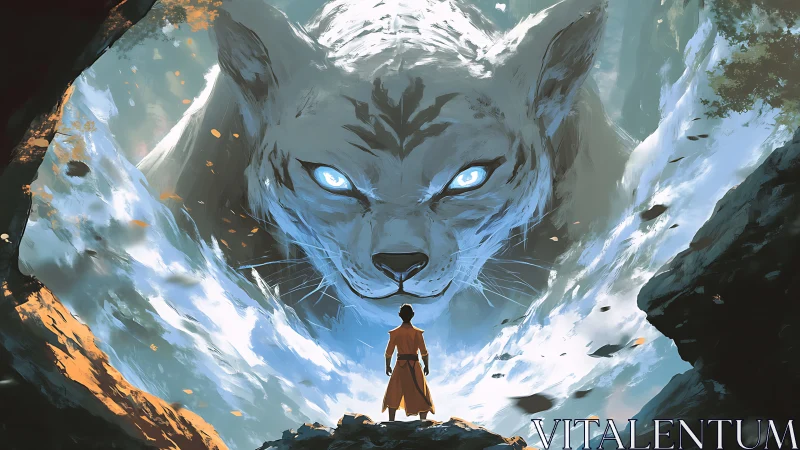 Warrior confronts massive spectral wolf with glowing blue eyes in mountain canyon.
