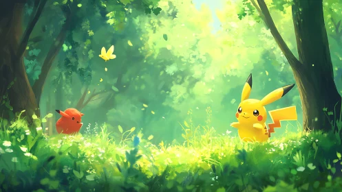 Forest Clearing: Luminous Digital Narrative with Pokemon Characters.