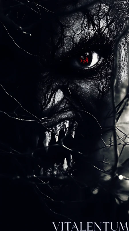 Sinister monster face with red eye and sharp fanged snarl.