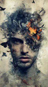 Male portrait dissolving into embers and abstract smoke.