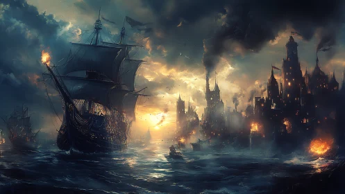 Storm-dark galleon approaches burning fortress harbor at dusk