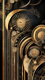 Ornate gilded clockwork arcs over cosmic black field.
