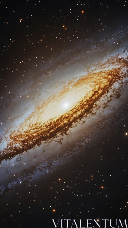 Edge-on spiral galaxy is depicted with dense dust lane