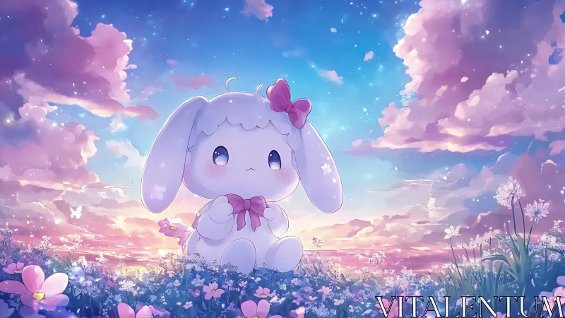 Pastel sky bunny in glowing twilight flower meadow.